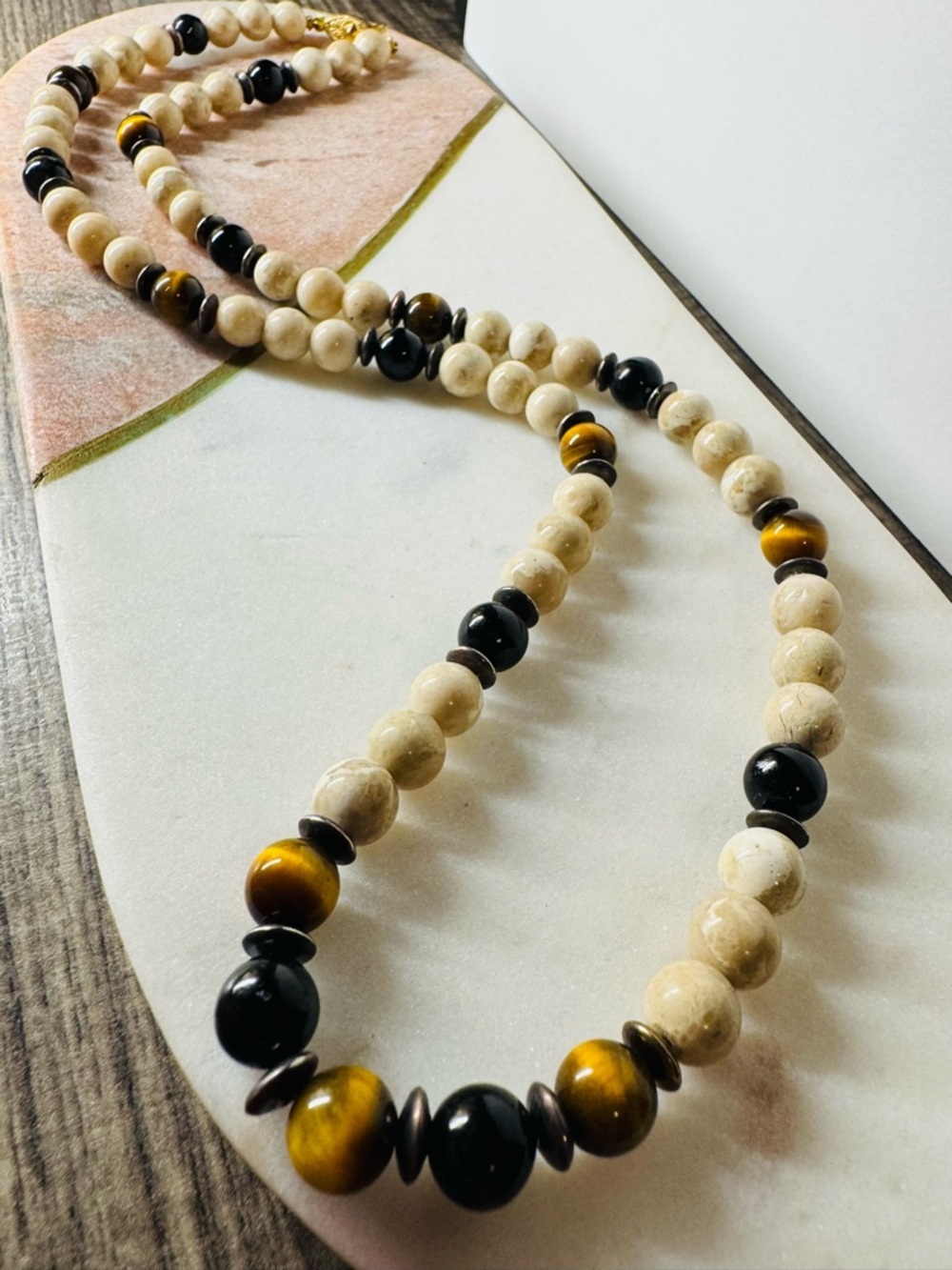 Tiger Eye & Cream Marble Bead Necklace Earth Tone Statement 22-23"